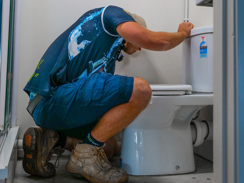Toilet plumber installing a toilet
